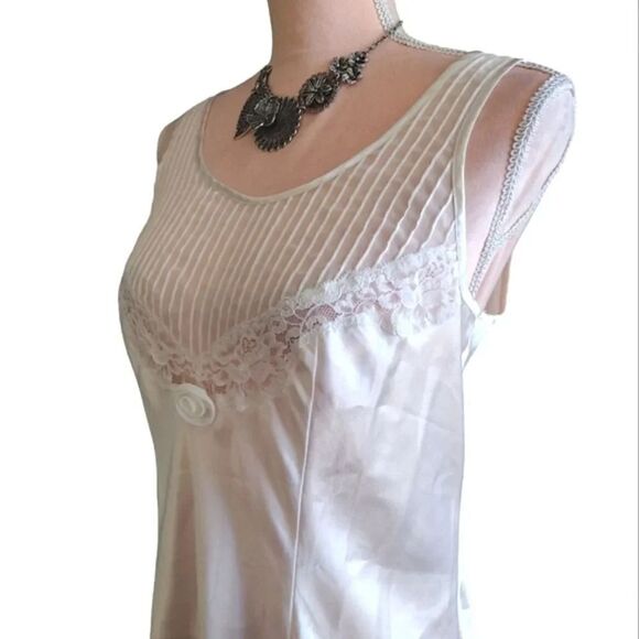 VTG 80s White Satin Floral Lace Rosette Mini Lingerie Slip Dress Small - Picture 10 of 17